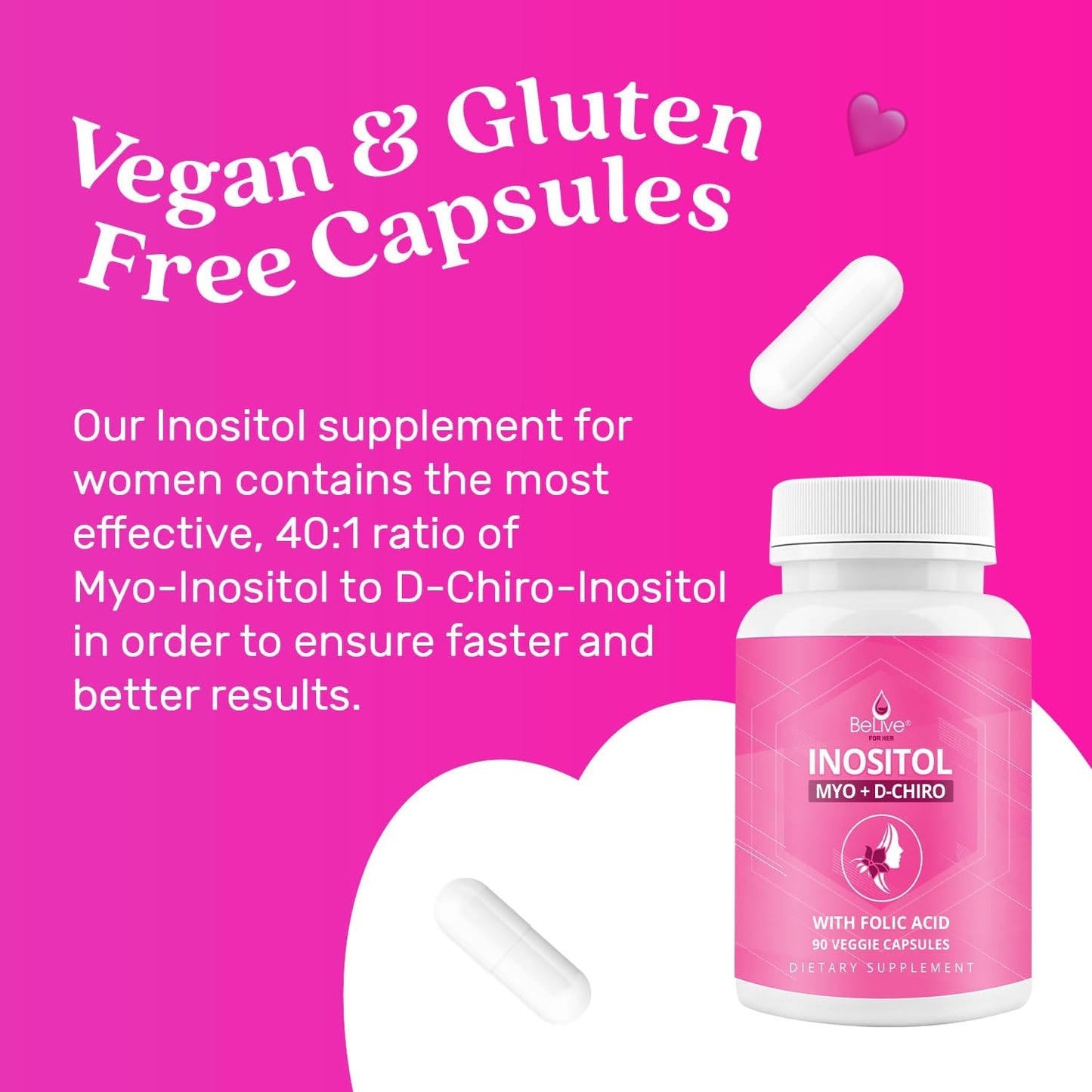 BeLive Myo-Inositol & D-Chiro Inositol Supplement – 2 Pack – 90 Capsules Each – 40:1 Ratio with Folic Acid for Women