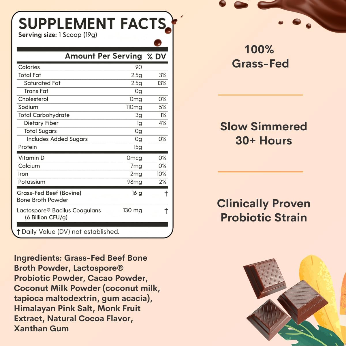 100% Grass-Fed Chocolate Bone Broth Protein Powder with Probiotics – Zero Artificial Flavors, 15g Protein, Collagen-Rich, Gut & Joint Support, Healthy Hot Chocolate, Keto, Paleo, Gluten Free