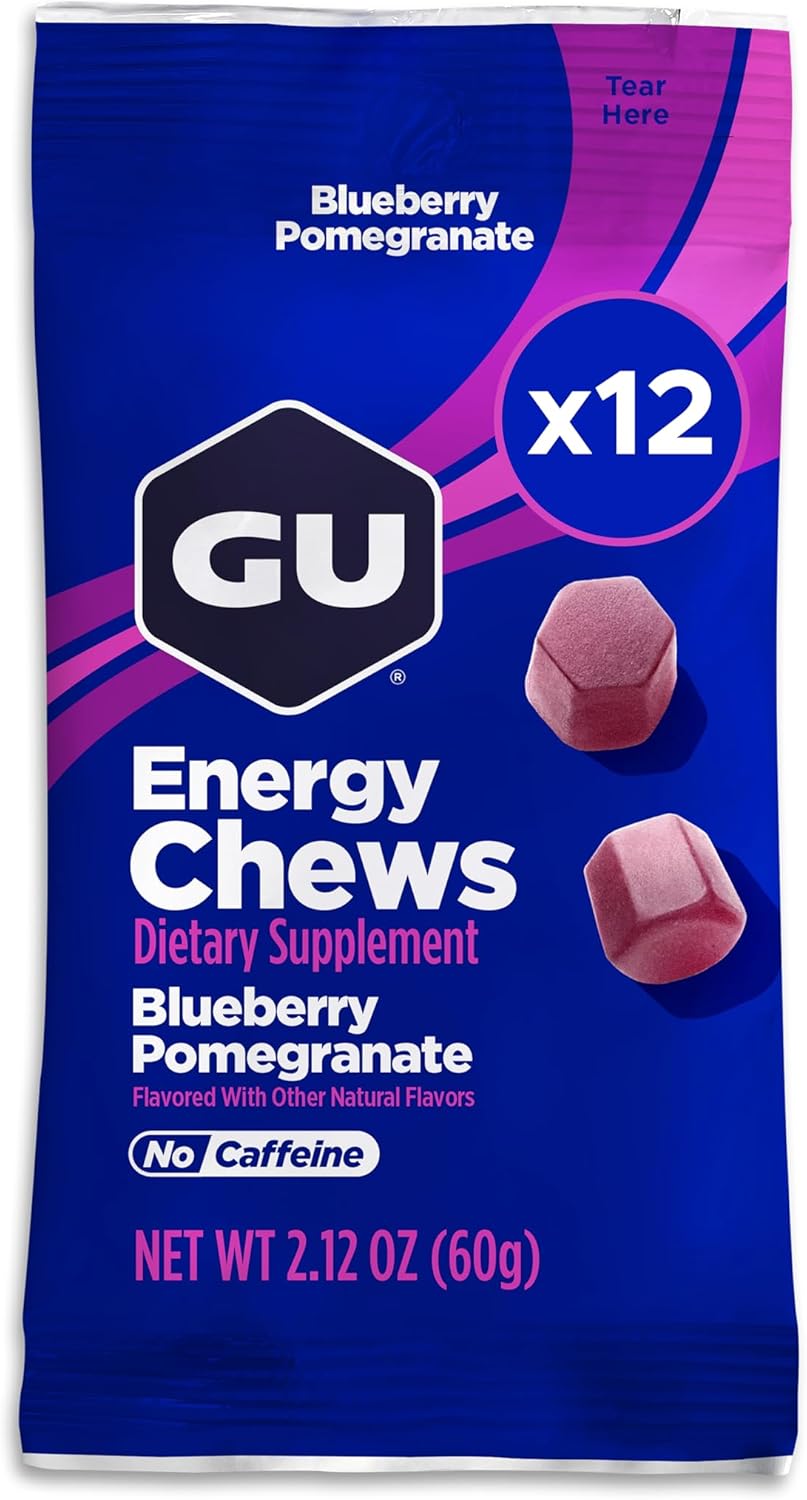 GU Energy Chews, Blueberry Pomegranate Energy Gummies with Electrolytes, Vegan, Gluten-Free, Kosher, and Dairy-Free On-The-Go Energy for Any Workout, 12 Bags (24 Servings Total)