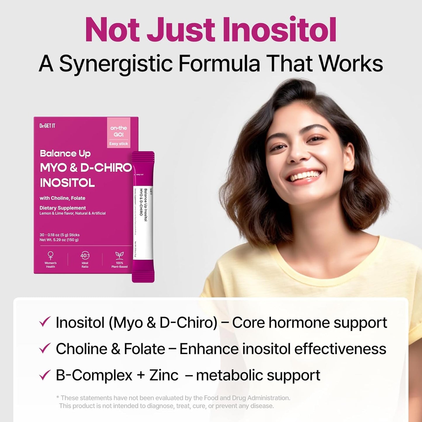 Balance Up Myo-Inositol & D-Chiro Inositol | 40:1 with Folate & Choline Hormone & Reproductive Health for Women| On-The-Go Powder Stick Supplement| Lemon Lime Flavor 30 Single-Serve Sticks