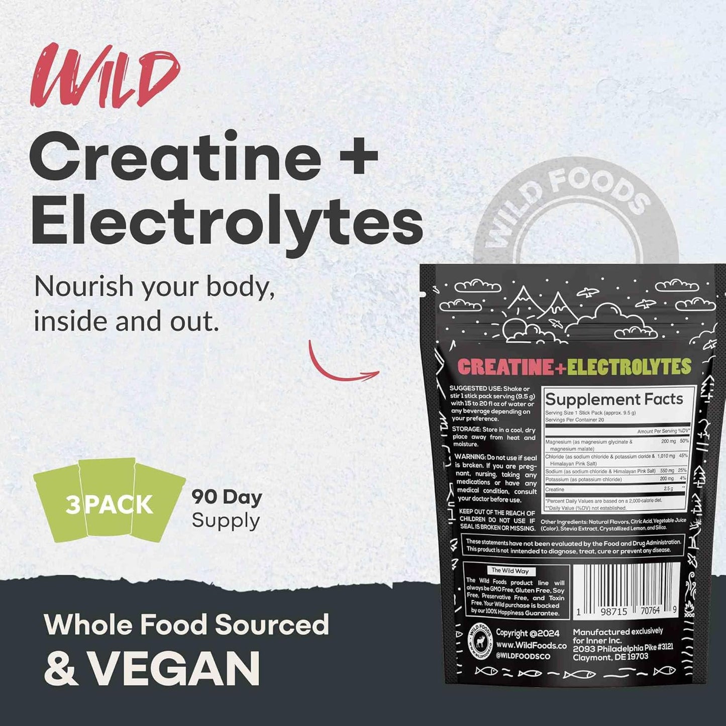 Wild Foods Creatine & Electrolytes Powder Packets, Dragonfruit, 20 Hydration Packets (9.5 g/serv.), with Magnesium Glycinate, Malate, Pink Salt, Pre-Workout Muscle Performance & Electrolyte Support