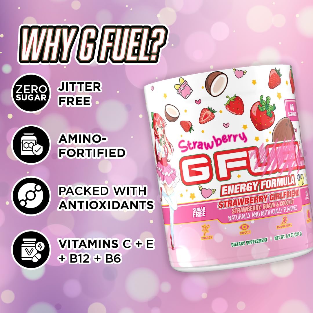 G Fuel Strawberry Girlfriend Energy Drink Powder, Pre Workout Caffeine Mix for Gaming, Sugar Free Focus Amino + Antioxidants, 9.9oz (Strawberry Guava, Coconut, 40 Servings)