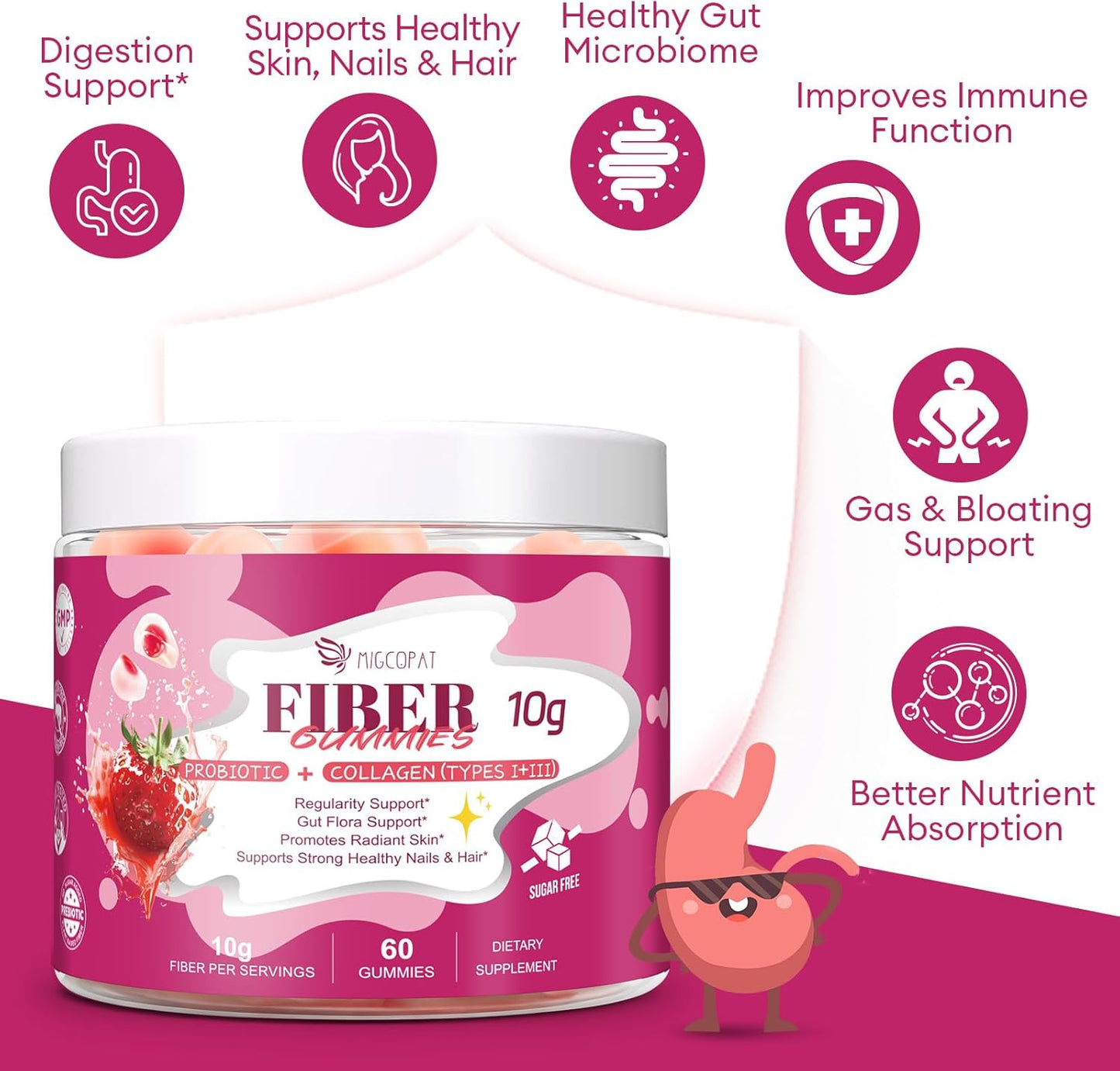 10G Fiber Gummies with Collagen Peptides, Hyaluronic Acid, Vitamin C, ACV, 30 Billion CFU Probiotics – Sugar Free Collagen Gummy for Skin, Hair & Nails – Digestive Health Support – 60 Cts