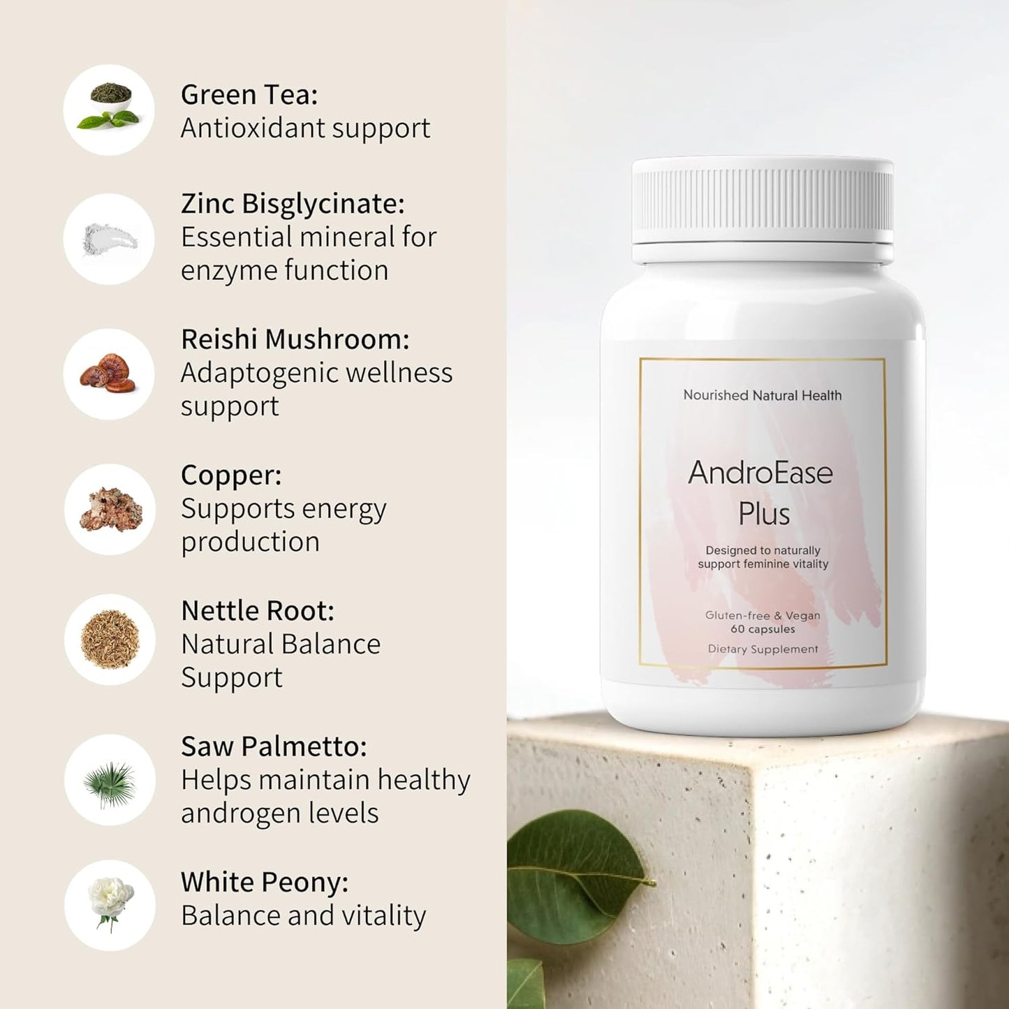 Nourished AndroEase Plus - Natural Balance Supplement for Women - Vegan Formula with Zinc & Saw Palmetto - 180 Capsules for Daily Wellness & Vitality - Made in USA