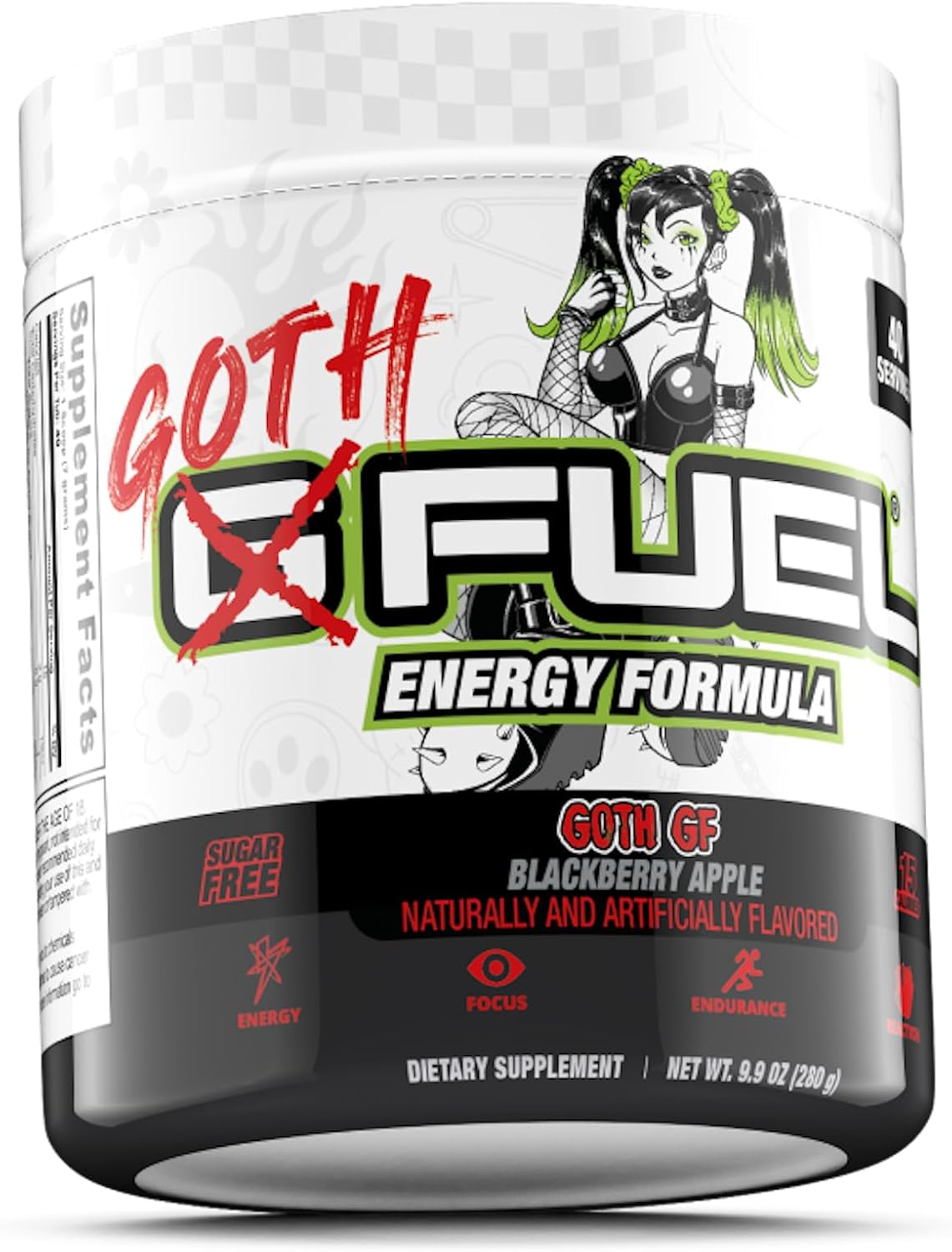 G Fuel Goth GF Energy Drink Powder, Pre Workout Caffeine Powder, Energy Powder Drink Mix for Gaming, Sugar Free Focus Amino, Vitamin + Antioxidants, 9.9oz (Blackberry Apple, 40 Servings)