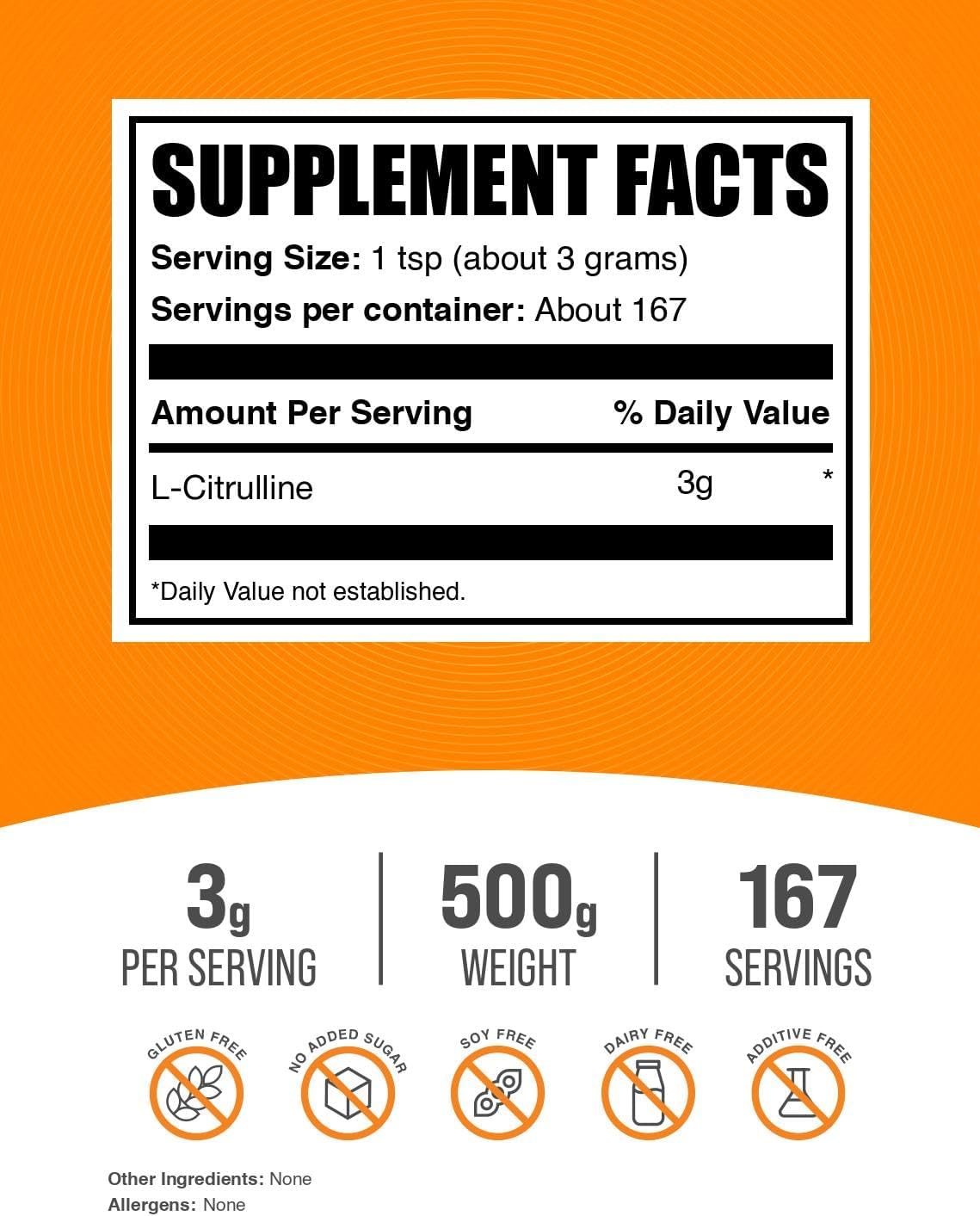 BulkSupplements.com L-Citrulline Powder - Citrulline Supplement, Nitric Oxide Supplement - Unflavored & Gluten Free - 3g per Servings, 500g (1.1 lbs) (Pack of 1)