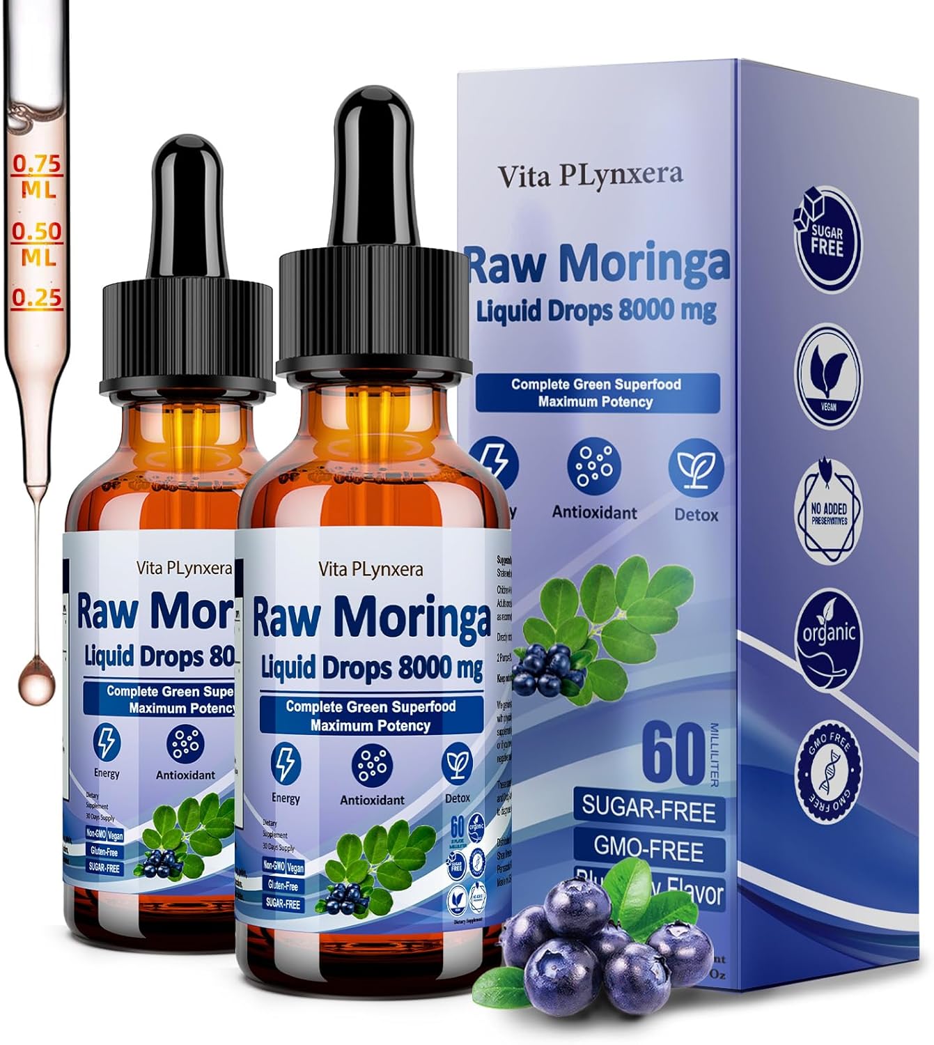 2 Pack Raw Moringa Liquid Drops 8000 mg, Organic Moringa Oleifera Leaf Extract w. Supergreens Wheatgrass, Barley Grass for Antioxidant, Energy & Immune, High Potency Than Capsules Powder