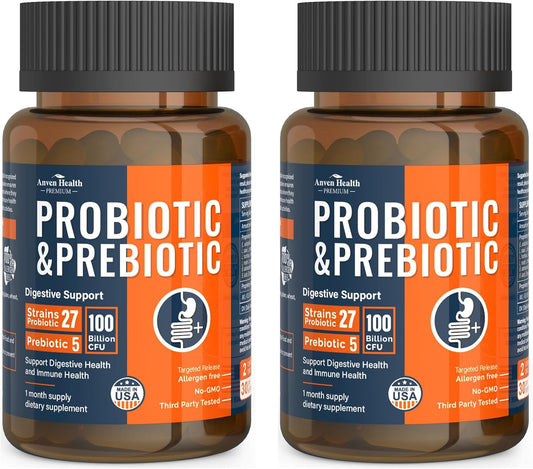 100 Billion Probiotics for Men and Women 27 Strains 5 Organic Prebiotics for Gut Digestive & Immune Health, Supports Diarrhea Gas Bloating, Non-GMO, Zero Fillers – Made in USA丨120 Caps