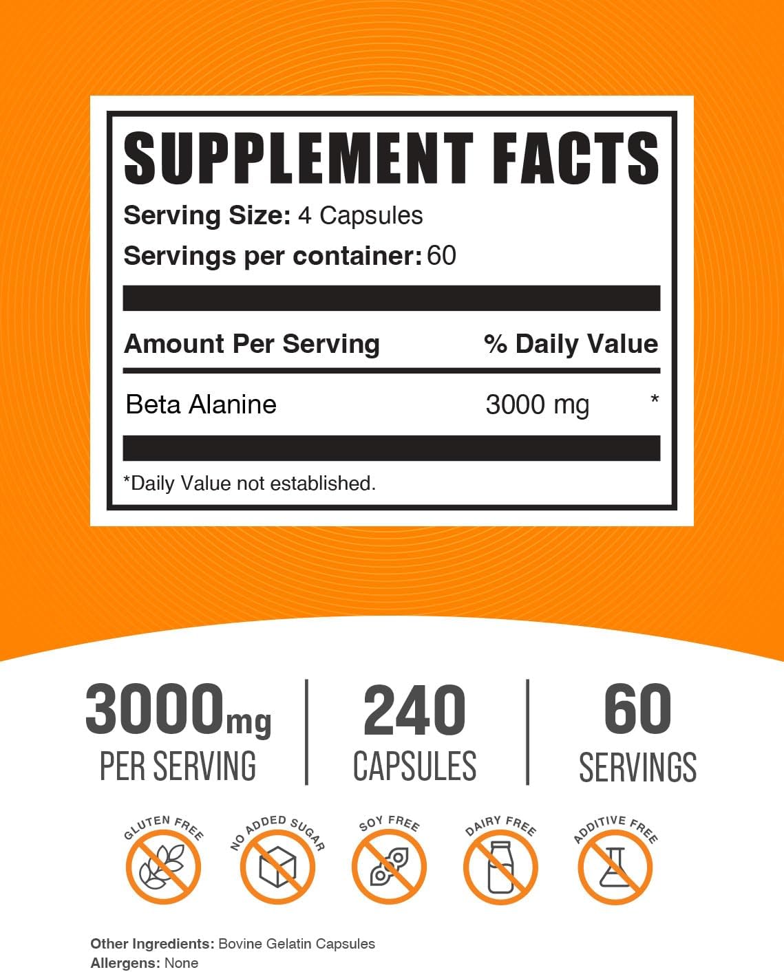 BulkSupplements.com Beta Alanine Capsules - Beta Alanine Supplement, Beta Alanine Pills, Beta Alanine 3000mg - Gluten Free, 4 Capsules per Serving, 240 Capsules (Pack of 1)