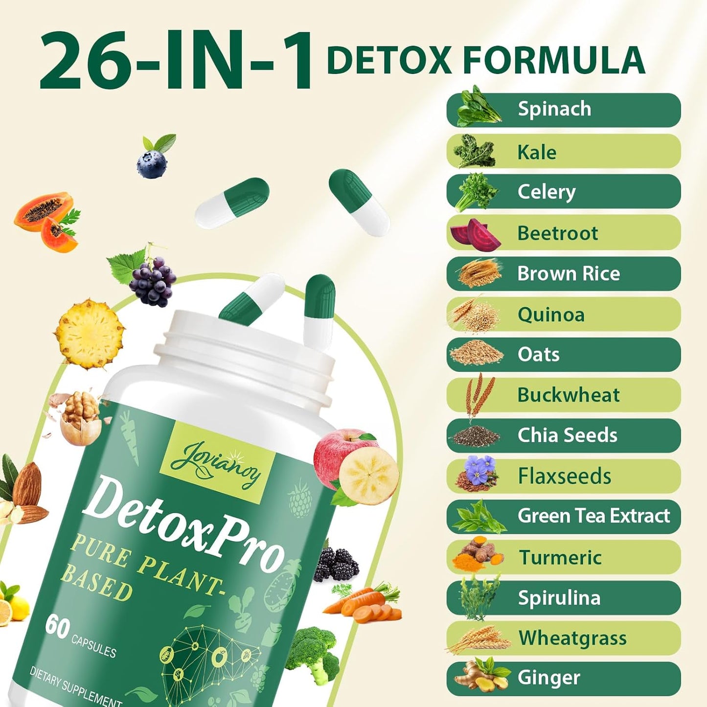 1000 MG Detox & Cleanse Capsules, 26-in-1 Plant-Based Formula for Detoxification, Detox Supplement for Women & Men, Natural Trace Binder, Liver, Antioxidant & Digestive Function, Vegan, 120 Counts