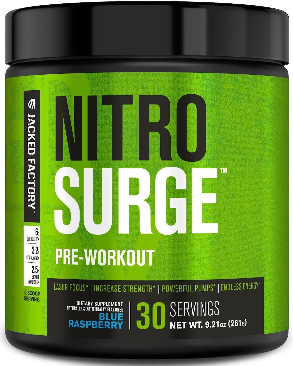Jacked Factory NITROSURGE Pre Workout Supplement - Energy Booster, Instant Strength Gains, Clear Focus & Intense Pumps - NO Booster & Powerful Preworkout Energy Powder - 30 Servings, Blue Raspberry