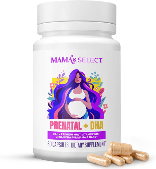 Mama's Select Prenatal Vitamins with Vegan DHA – Fish-Free, No Fish Burps, Allergen-Free, MTHFR Support, Methylated Folate & B Vitamins, Digestive-Friendly, No Biotin