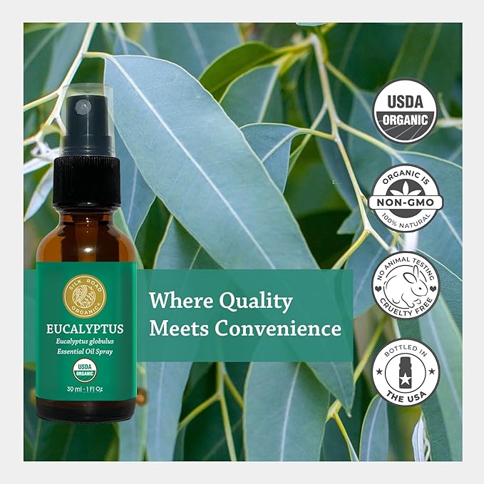 Silk Road Organic Eucalyptus Essential Oil Spray, 100% Pure USDA Certified Aromatherapy - Congestion, Colds, Cough, Sinus, Allergies & Skin Care – 1 Oz Spray