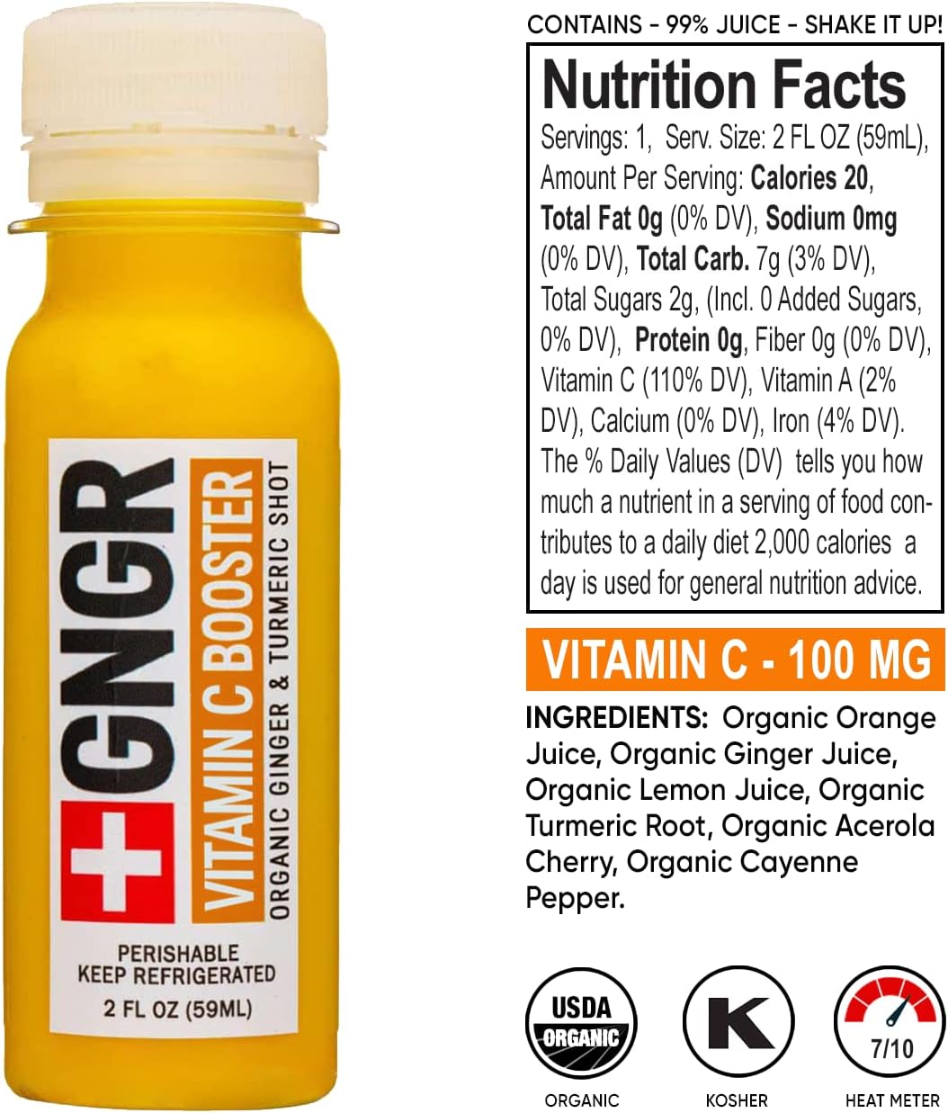 +GNGR Vitamin C Immunity Booster Cold-Pressed Ginger Shot with Turmeric, Cayenne, Acerola, Immunity Shot with Peruvian Ginger Juice for All Natural Immune & Digestive Support 2 fl oz (Pack of 12)