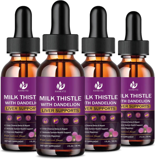(4 Pack) Milk Thistle Supplement for Liver Cleanse Detox & Repair, Liver Detox Drops with Organic Milk Thistle Seed, Artichoke Extract, Dandelion, Turmeric and Vegan, Non-GMO, Gluten-Free, 1 Fl Oz