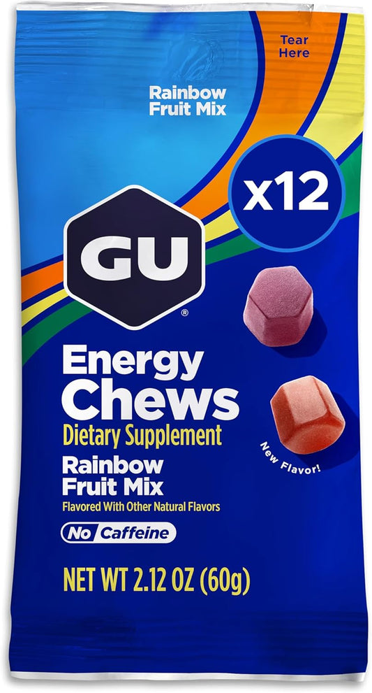 GU Energy Chews, Rainbow Mix Energy Gummies with Electrolytes, Dairy-Free, On-The-Go Energy for Any Workout, 12 Bags (24 Servings Total)