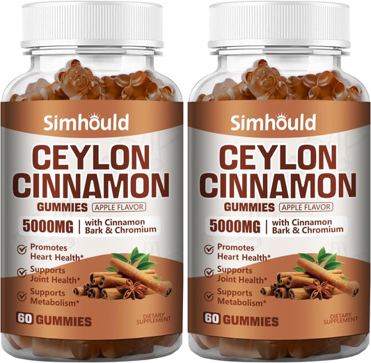 2 Pack Ceylon Cinnamon Gummies 5000MG with Ceylon Cinnamon & Cassia,Joint Support,Cinnamon Supplement & Brain Health,Vegan,Gluten-Free,Cinnamon Apple Flavor,120 Gummies.