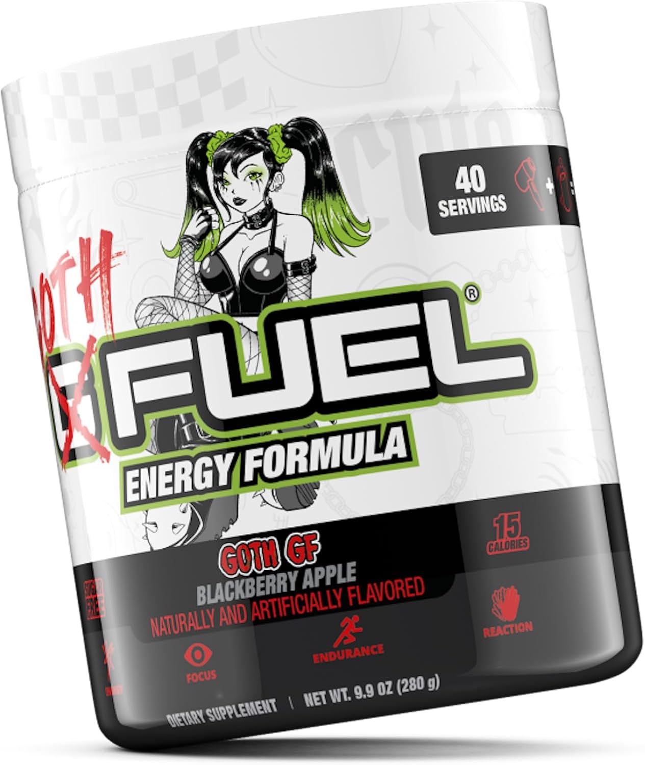 G Fuel Goth GF Energy Drink Powder, Pre Workout Caffeine Powder, Energy Powder Drink Mix for Gaming, Sugar Free Focus Amino, Vitamin + Antioxidants, 9.9oz (Blackberry Apple, 40 Servings)