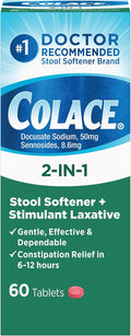 Colace 2-In-1 Stool Softener Plus Stimulant Laxative for Gentle Effective Constipation Relief, Docusate Sodium Plus Sennosides, 60 Count