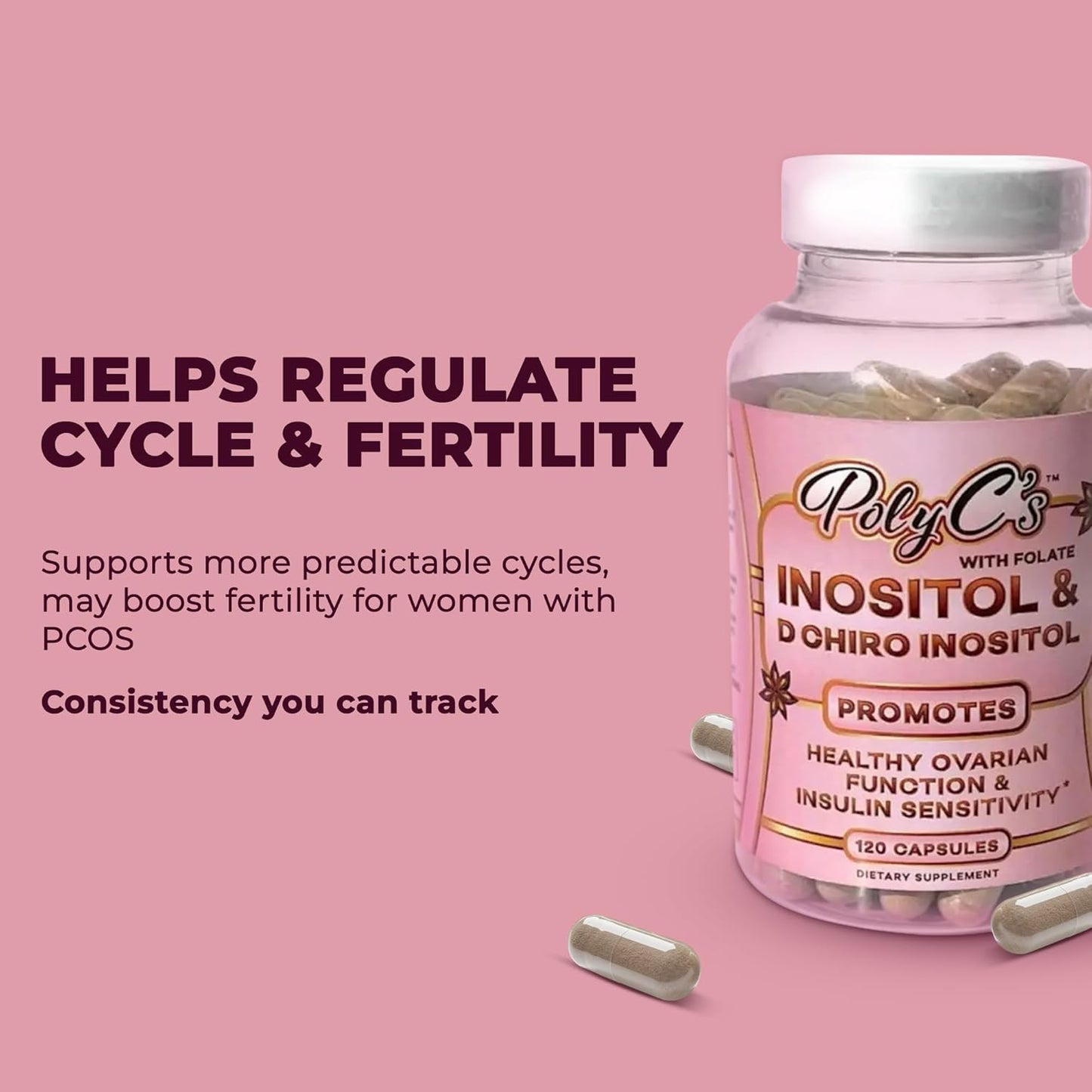 PolyC's Myo-Inositol & D-Chiro Inositol PCOS Supplement for Women 120 Capsules – Hormonal Imbalance, Fertility & Reproductive Wellness – Ovarian Hormone Stability, Menstrual Cycle Health with Folate