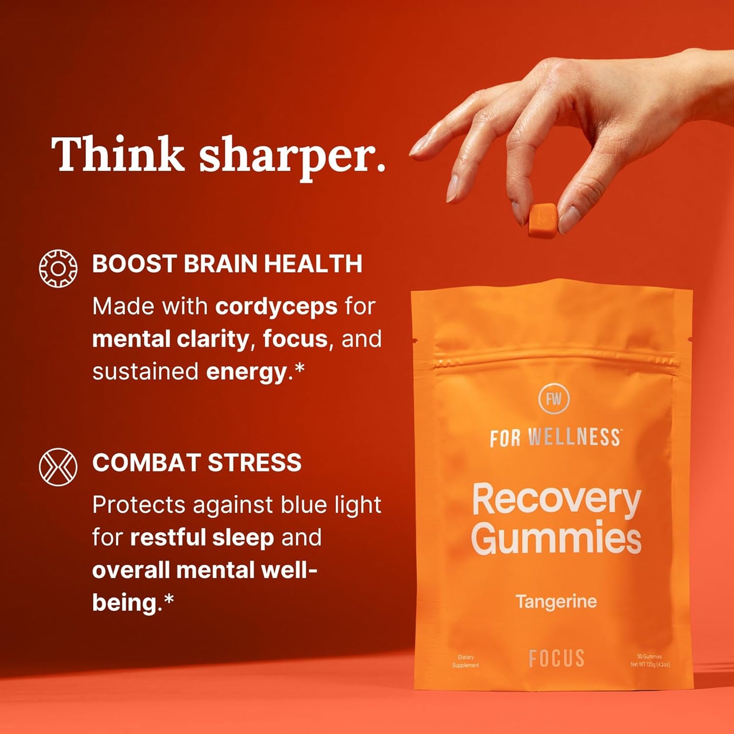 For Wellness Recovery Gummies | Tangerine Eye & Brain Support Supplements with Lutemax 2020®, Lutein, Zeaxanthin, Vitamin A & Cordyceps for Vision, Memory & Stress Support | Vegan, Non-GMO, 90 Count