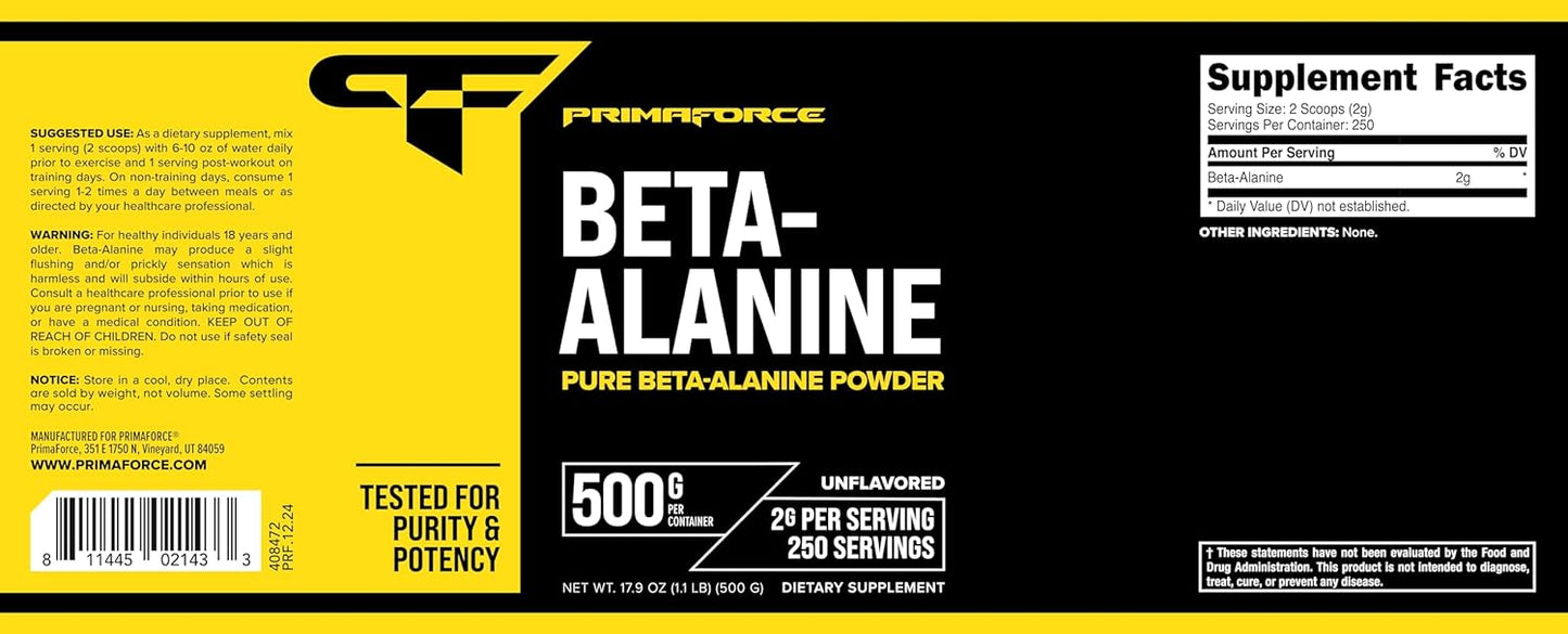 Primaforce Beta Alanine Powder 500 Grams (1.1lbs) Unflavored - Pre Workout and Post Workout Supplement