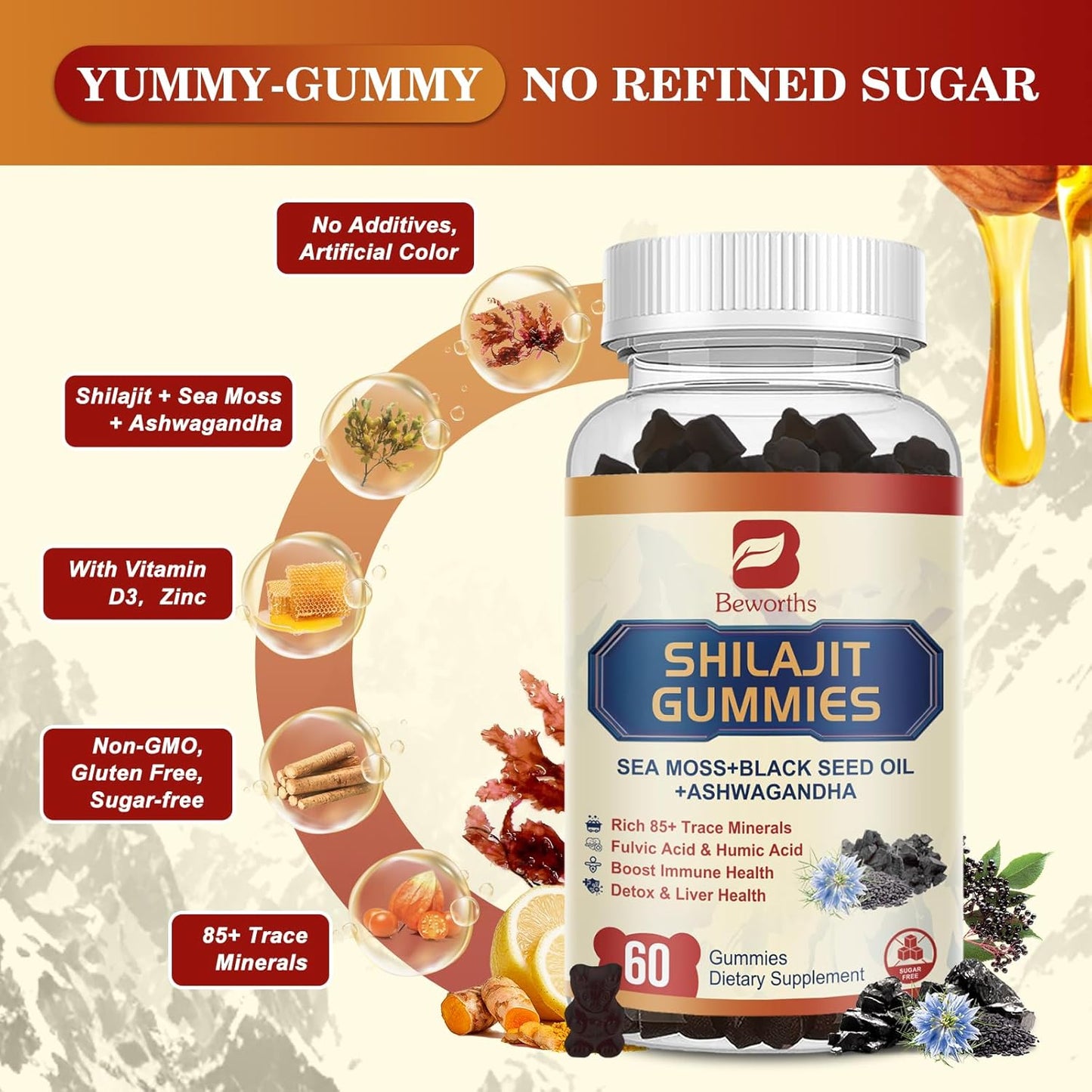 2Pack Shilajit Resin Gummies, Shilajit Sea Moss Supplement with Ashwagandha Ginger, Honey, Black Seed Oil, Panax Ginseng, Shilajit with 85+ Trace Minerals & Fulvic Acid for Energy, Digestion Health