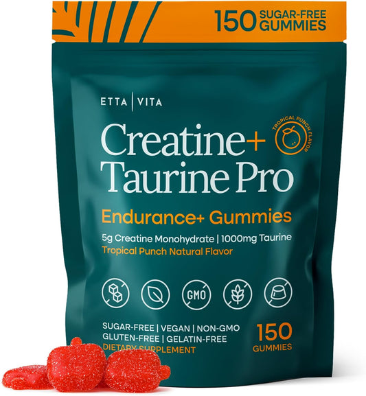 Sugar-Free Creatine Monohydrate Gummies with Taurine for Men and Women (Tropical Punch - Creatine 5g) Daily Workout Support Supplement for Strength, Recovery, Energy & Mental Focus - Made in USA 150ct