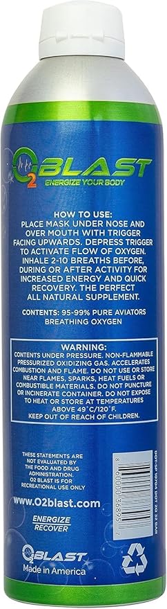 O2 Blast - Pure Oxygen Supplement - Filled with 99.99% Pure Oxygen to Support Fast Recovery, Increase Stamina & Enhanced Focus for High Altitude & Action Sports, 10L Portable Can Flip-Top Cap, 3-Pack