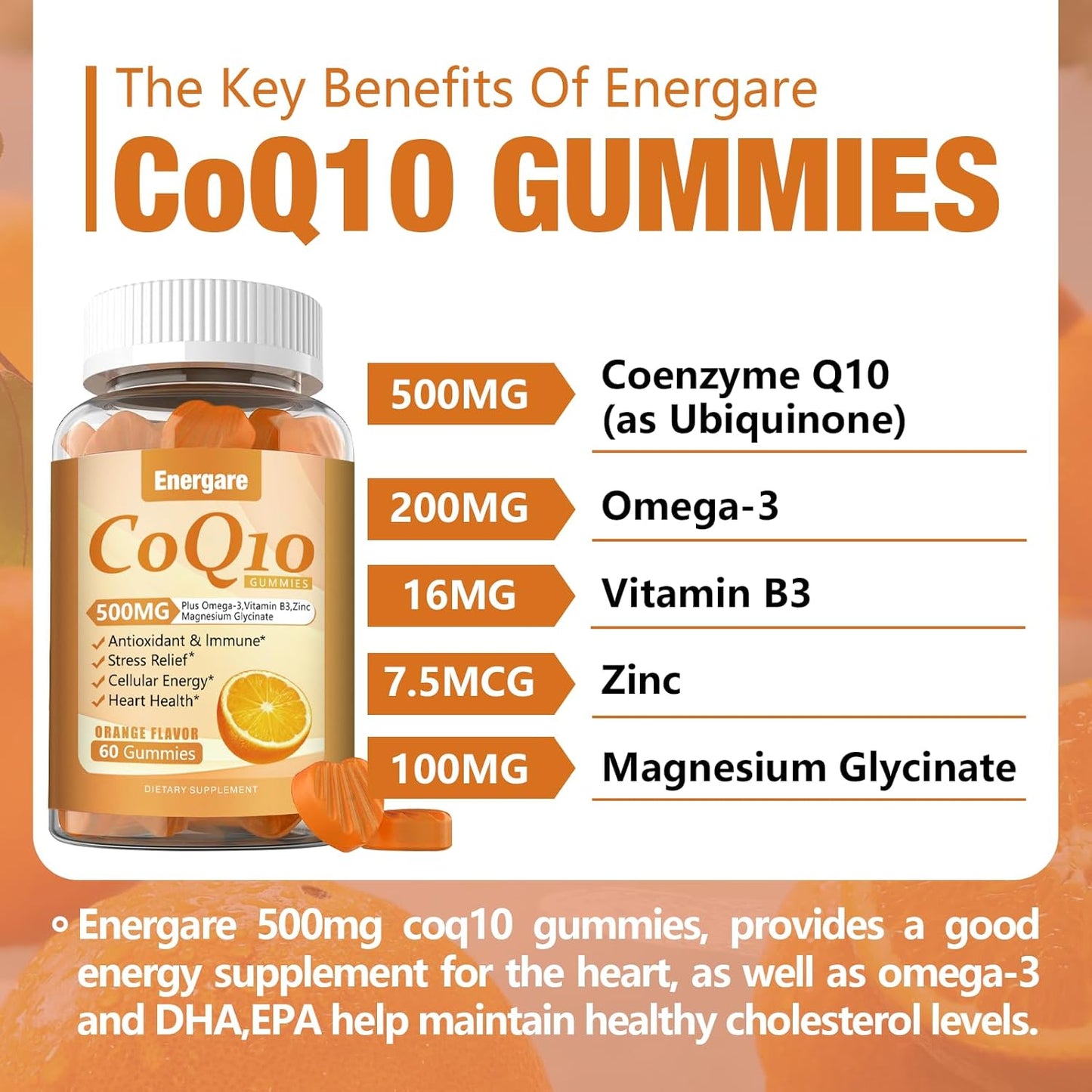 2 Packs CoQ10 500MG Gummies - 3X Better Absorption Coenzyme Q10 Supplements - Plus Omega-3, Magnesium, Vitamin B3 & Zinc for Heart Health, Cellular Energy & Antioxidant, 120 Cts