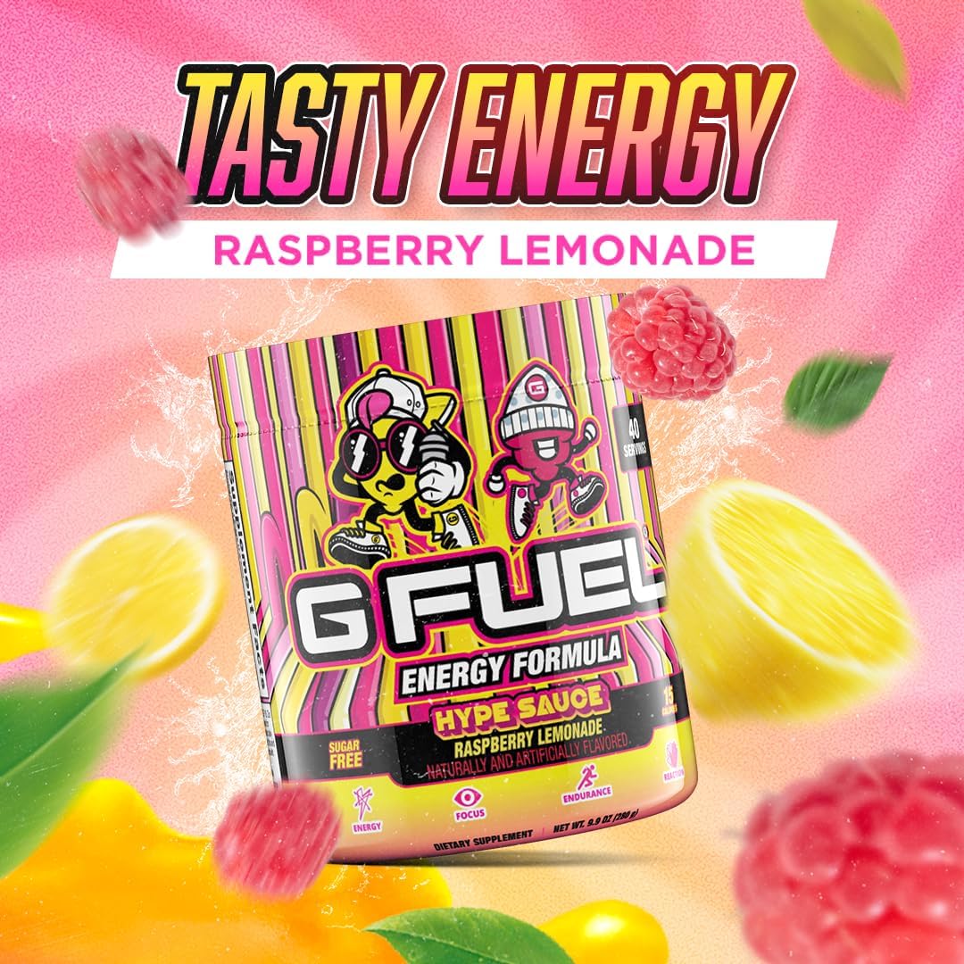 G Fuel Hype Sauce Energy Drink Powder, Pre Workout Caffeine Mix for Gaming, Sugar Free Focus Amino, Vitamin + Antioxidants, 9.9oz (Raspberry Lemonade, 40 Servings)