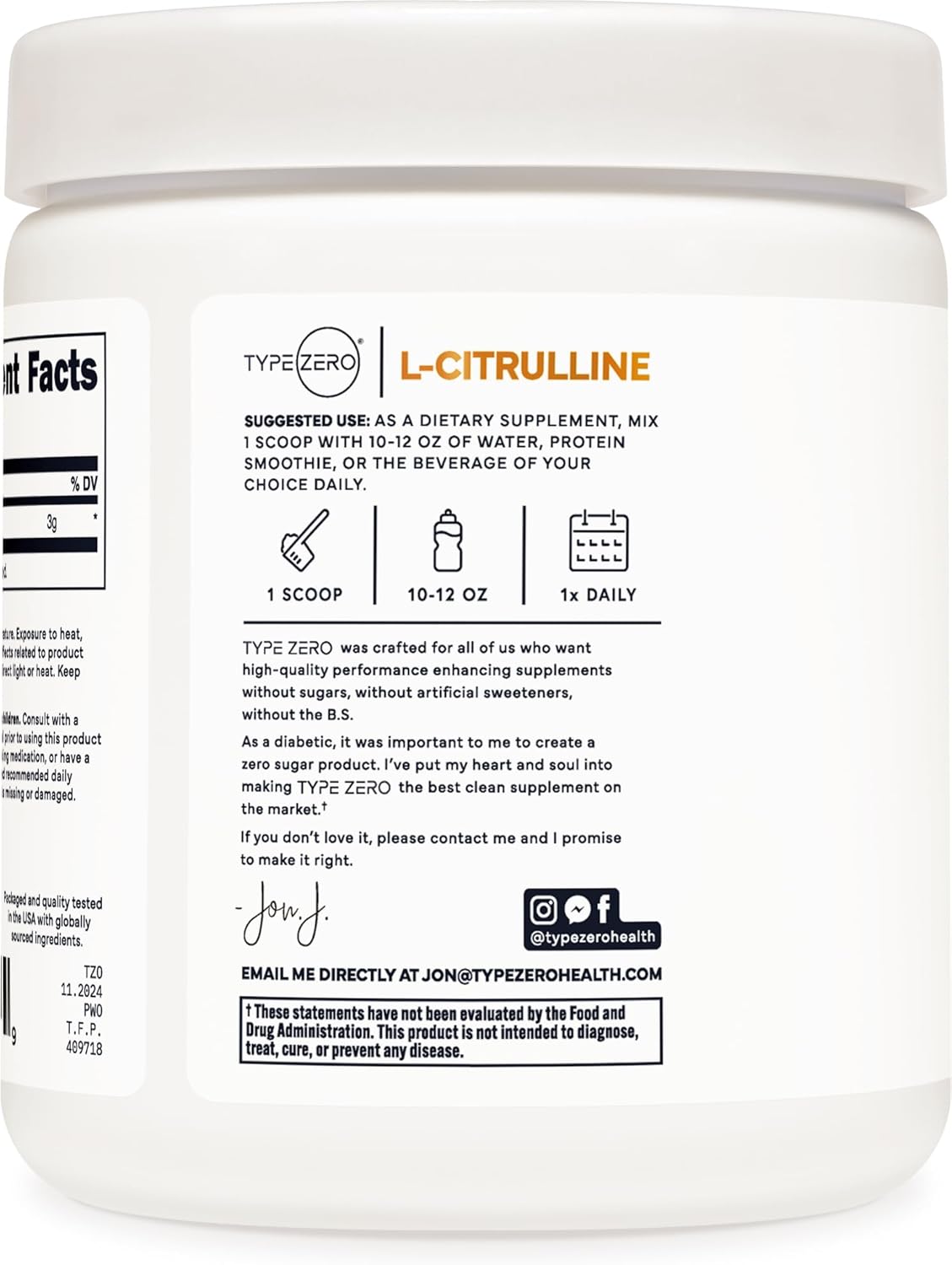 Type Zero L-Citrulline Base Powder, 3,000mg Per Serving - 100 Servings