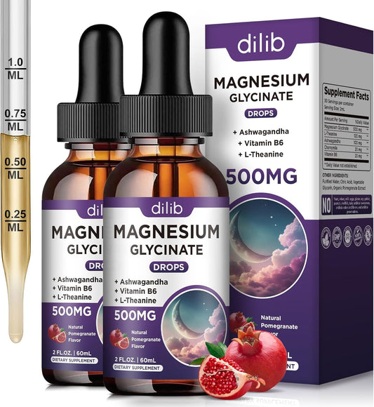 (2 Pack) Magnesium Glycinate Liquid Drops 500mg, with Vitamin B6, Ashwagandha, L - Theanine, Chamomile, Magnesium Glycinate Supplement High Absorption for Sleep, Stress, Energy - Pomegranate Flavor