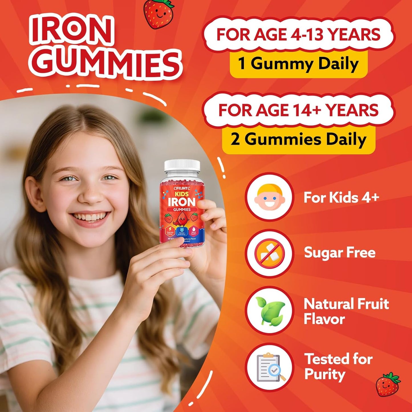 2PCS Iron Gummies for Kids & Teens, Kids Multivitamin with Iron Supplement, Calcium, Folate, Zinc, Prebiotic - for Blood Builder & Energy Support, Iron Deficiency - Vegan & Non-GMO - 120 Count