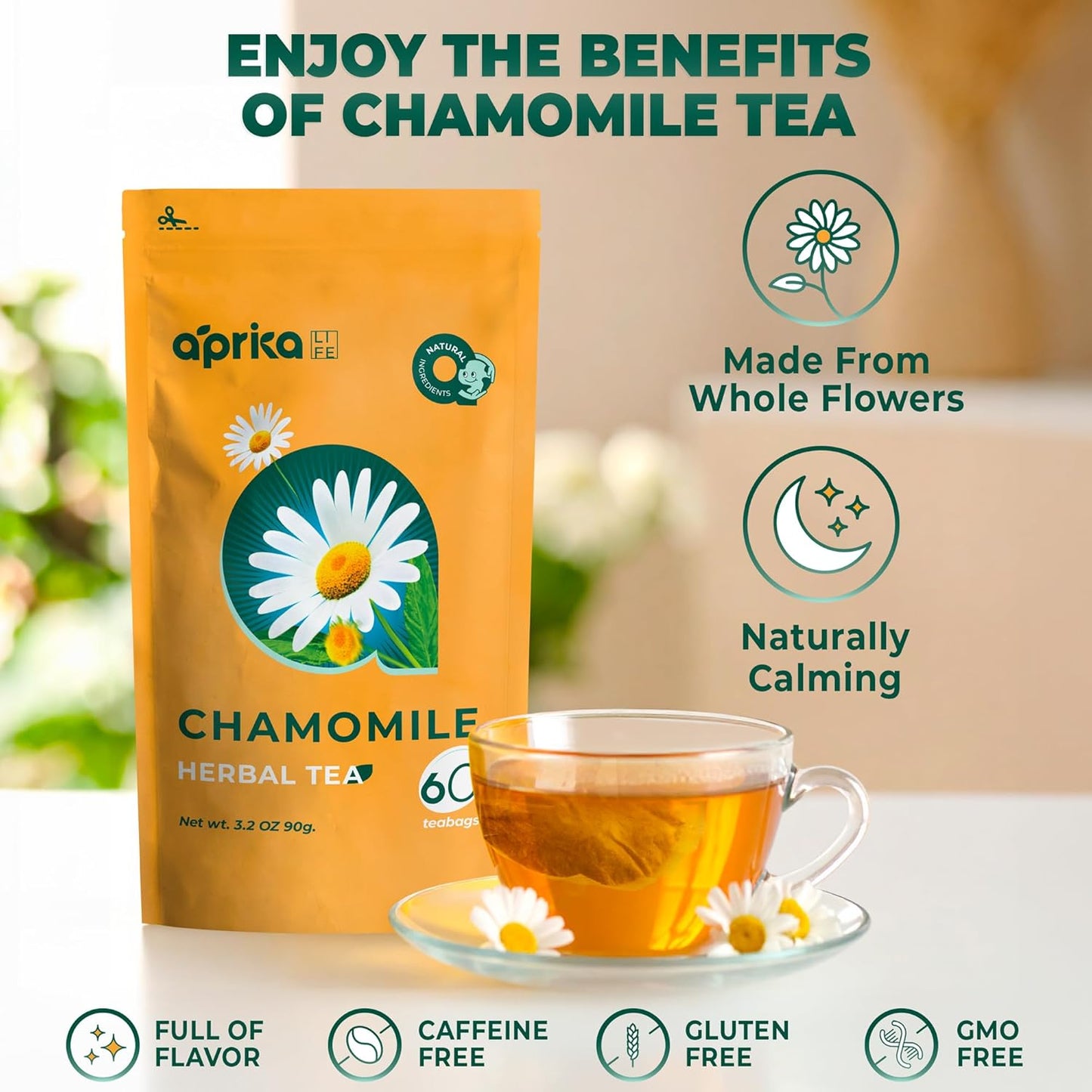 100% Pure Chamomile Tea - Only Flowers without Stems, Chamomile Tea Bags Caffeine Free, 60 count, Calming Tea Chamomile by Aprika Life