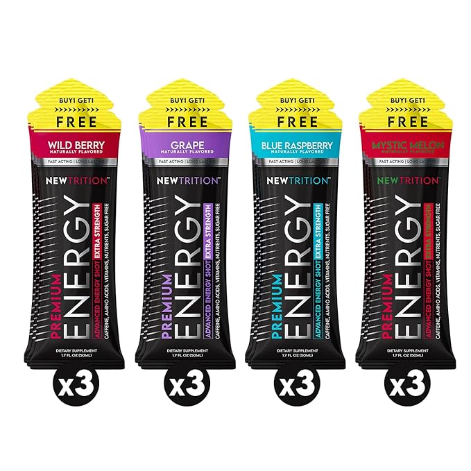 NewTrition® Extra Strength Energy Shots 1.7 fl oz - 250mg Caffeine with B Vitamins & Amino Acids, Sugar-Free Zero Calorie Vitamin Energy Drink for Focus & Endurance (Pack of 12, 4 Flavors - Mixed 1)