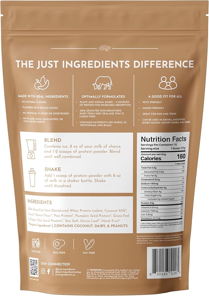 Creamy Peanut Butter Chocolate Protein Powder – 15 Servings | Grass-Fed Whey, Naturally Sweetened, No Gums or Fillers | Smooth Texture, Easy to Digest, Great for Shakes, Baking & Daily Protein Support