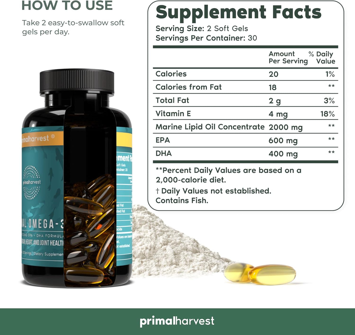 Primal Harvest Omega 3 Fish Oil Supplements, 30 Servings Soft Gels Capsules w/ 1000mg EPA + DHA Supplements, No Fishy Burps Non-GMO Omega 3 Fatty Acid, 2 Pack