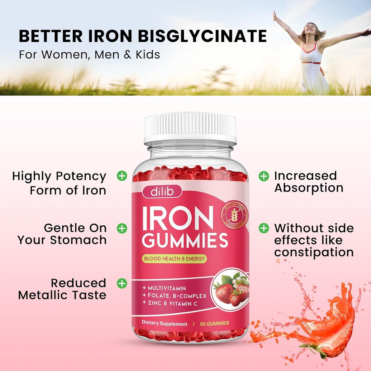 2 Pack Iron Gummies with Multivitamin, Iron Supplement for Women & Men with Zinc, Vitamin B Complex & C, B12, Folate - Blood Builder & Energy Support for Adults & Kids - Strawberry Flavor, Vegan 120ct