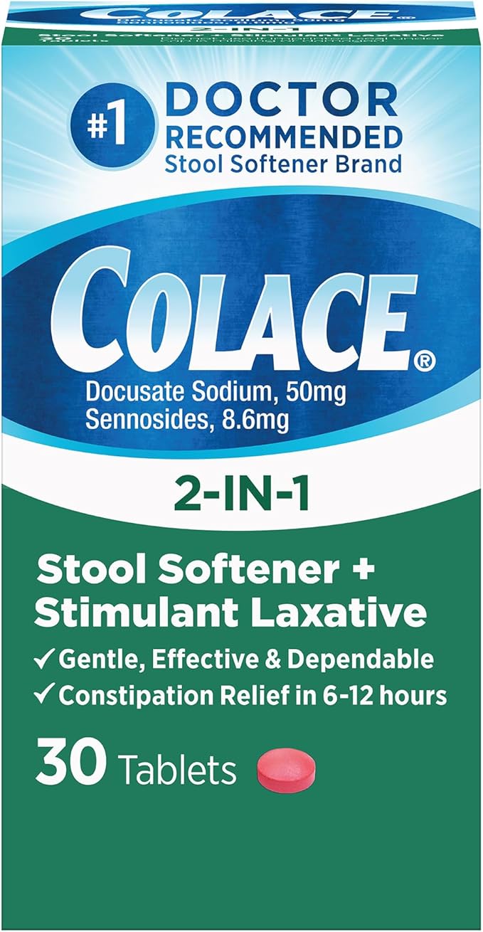 Colace 2-In-1 Stool Softener & Stimulant Laxative Tablets, Gentle Constipation Relief in 6-12 Hours, 30 Count