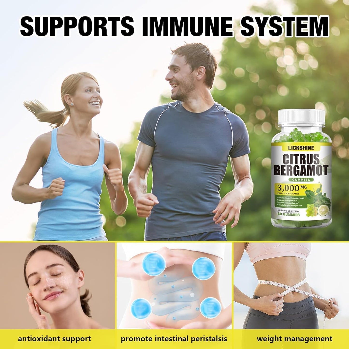 2 Pack 3000MG Citrus Bergamot Gummies - Citrus Bergamot Extract Cholesterol Lowering Supplement for Immune Support Anti-Aging, Hight Cholesterol Sugar-Free Vegan Lime Flavor 120 Cts