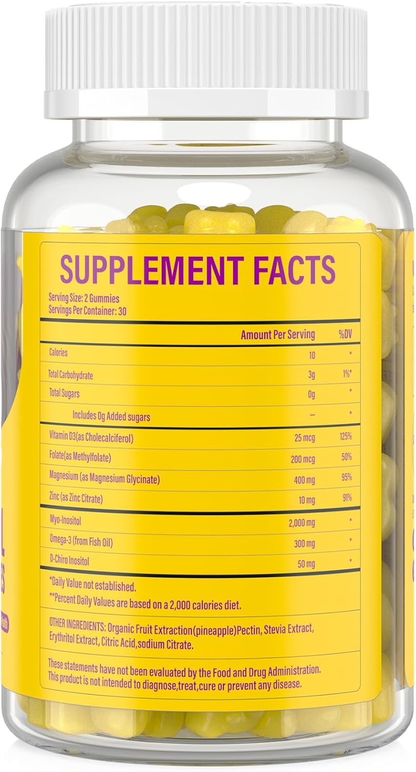 Myo-Inositol & D-Chiro Inositol,Inositol Gummies with Vitamin D3, Magnesium Glycinate, Omega-3, Folate & Zinc, Inositol Supplement Menstrual Cycle for Women-40:1 Ratio-90 Day Supply