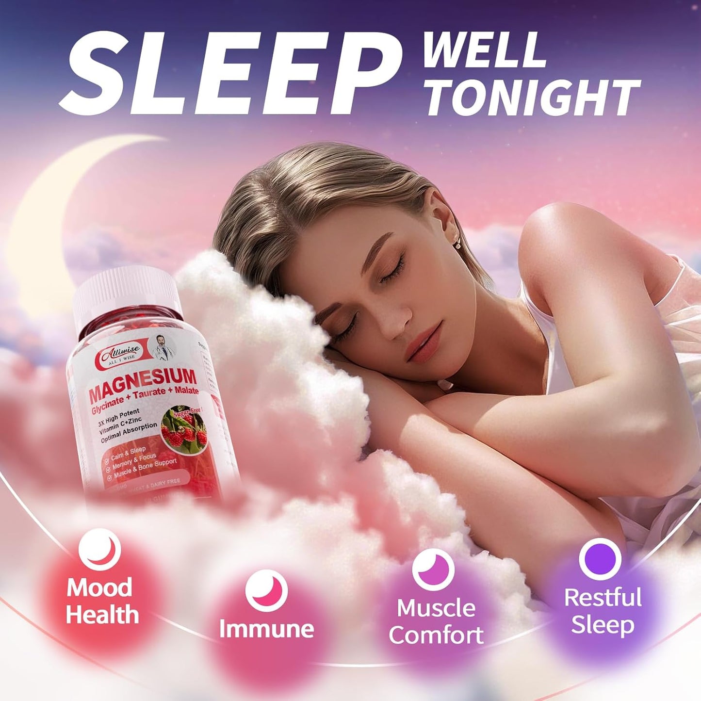 2Pack Magnesium Glycinate Gummies 500mg,Magnesium Supplement with Taurate, Malate, Vitamins D, C, B6, Calcium for Sleep, Relaxation, Muscle, Bone Health & Immune Support-120 Count