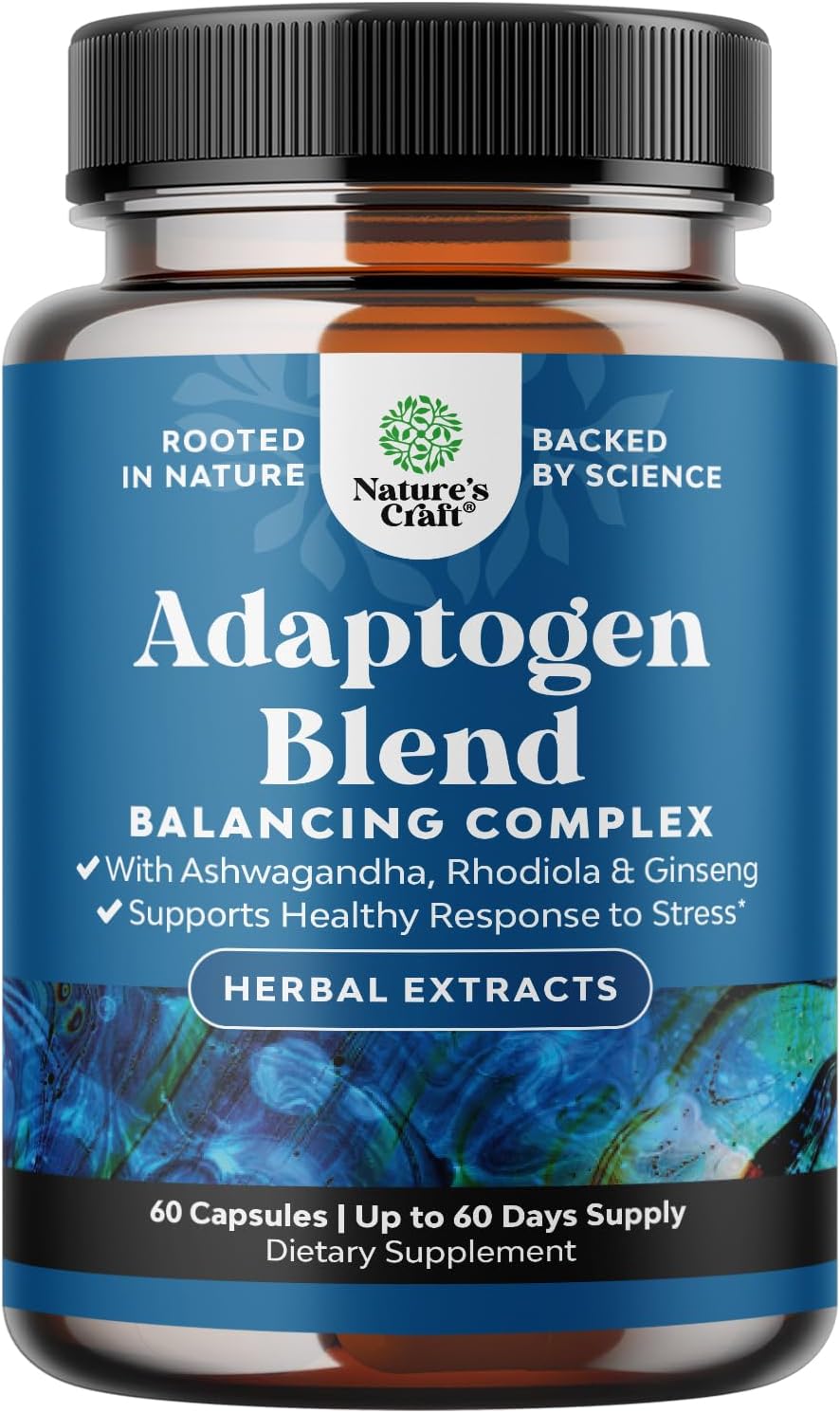 Herbal Adaptogen Mood Support Supplement - Calming Adaptogens Supplement for Stress & Cortisol Management with Ashwagandha Rhodiola Rosea & Maca Root - Vegan Non GMO & Daytime Friendly - 60ct