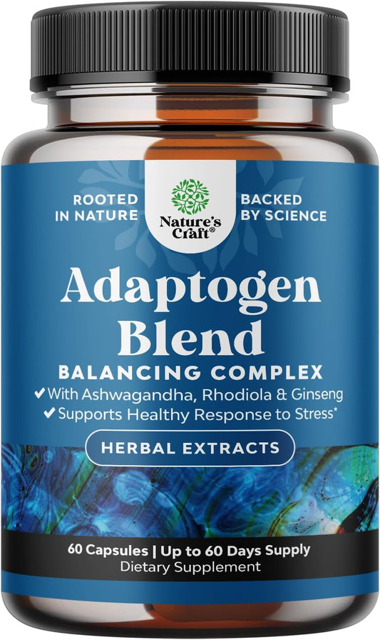 Herbal Adaptogen Mood Support Supplement - Calming Adaptogens Supplement for Stress & Cortisol Management with Ashwagandha Rhodiola Rosea & Maca Root - Vegan Non GMO & Daytime Friendly - 60ct