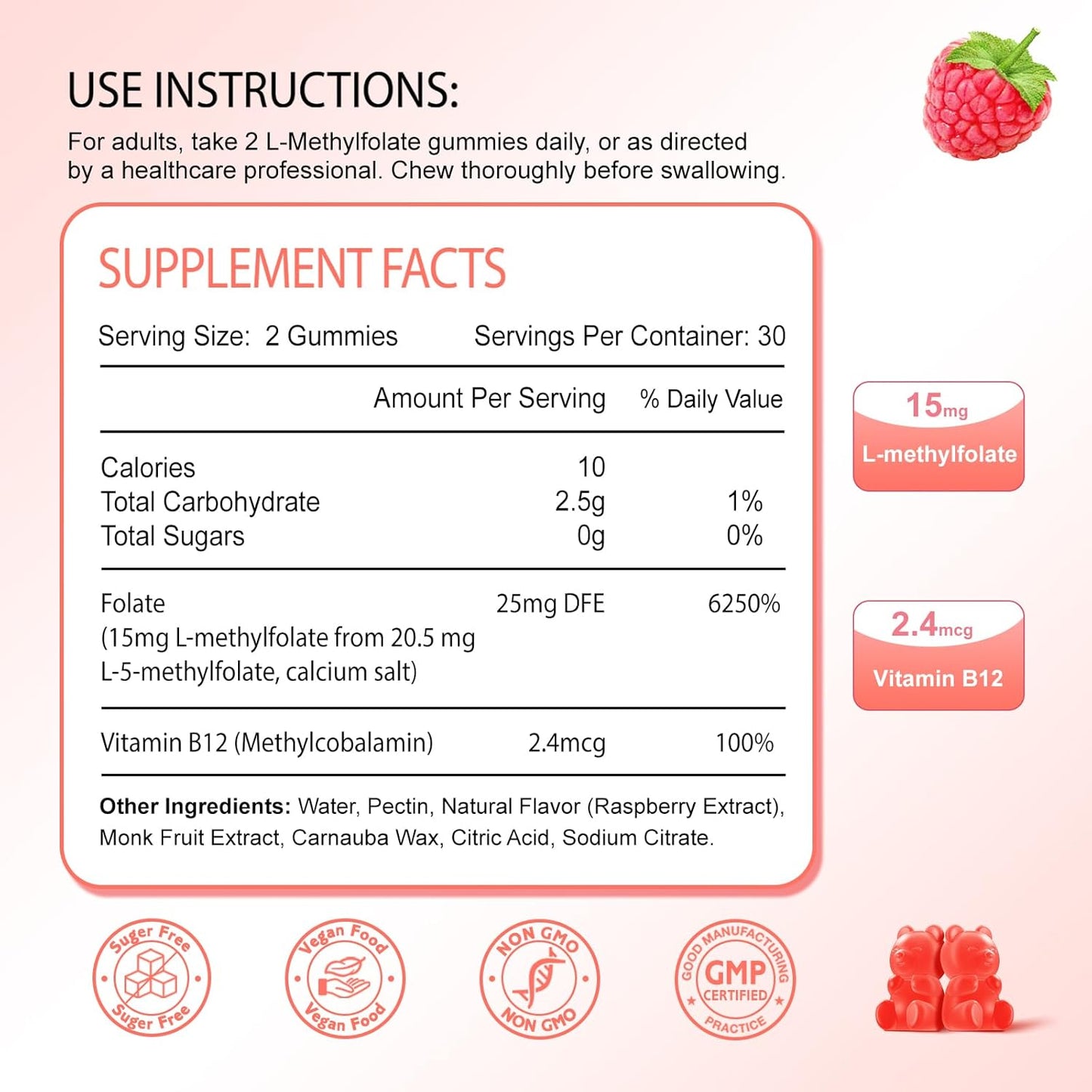 2 Pack L-Methylfolate 15mg & Methyl B12 Gummies, Folate Supplement for Brain Health, Mood & Immunity, DNA Synthesis & Repair, Sugar Free, Vegan, Raspberry Flavor, 120 Count