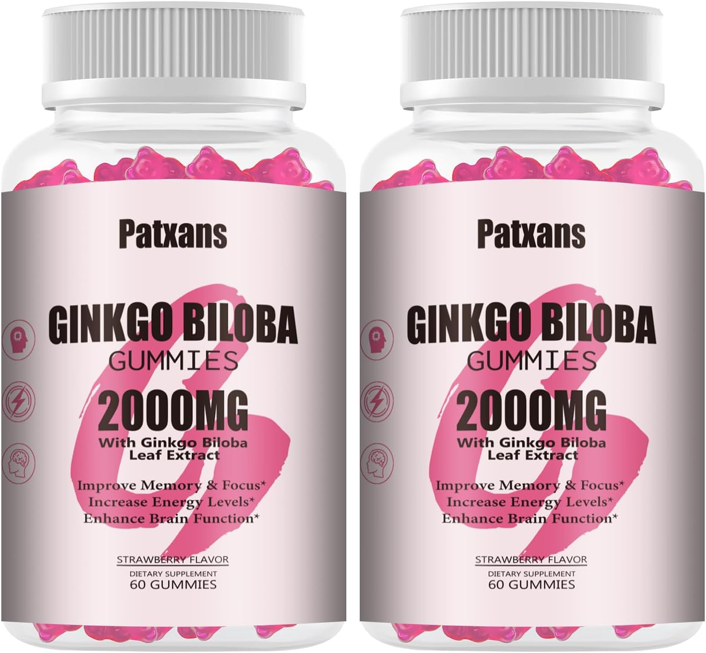 2 Packs 2000mg Ginkgo Biloba Gummies - Ginkgo Biloba Supplements for Brain Health Support, Improve Mood and Focus, Energy, Adult, Strawberry Flavor, 120 Count