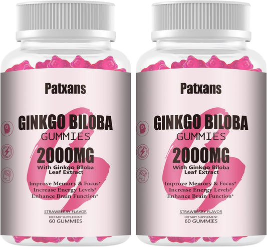 2 Packs 2000mg Ginkgo Biloba Gummies - Ginkgo Biloba Supplements for Brain Health Support, Improve Mood and Focus, Energy, Adult, Strawberry Flavor, 120 Count