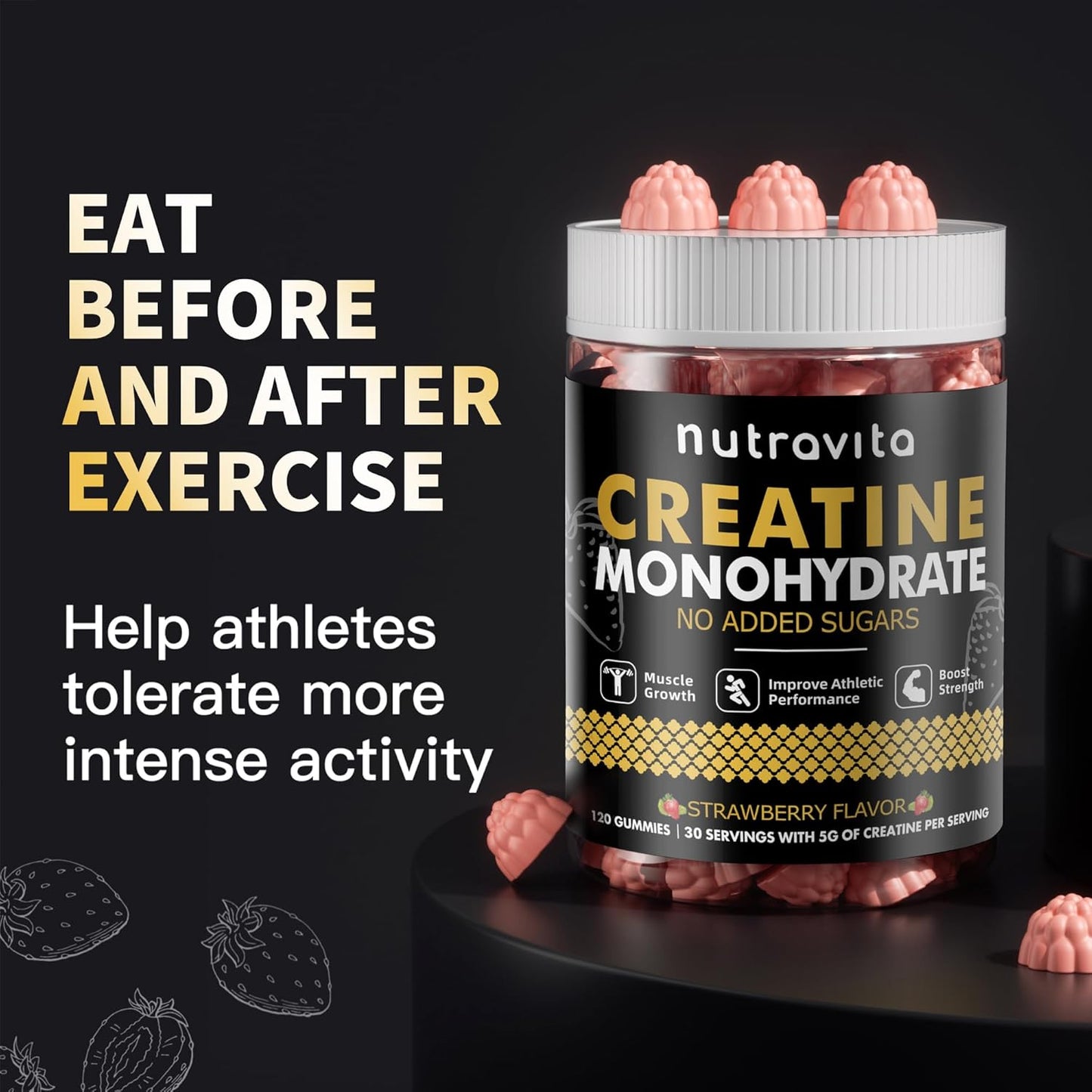 Creatine Monohydrate Gummies for Men & Women-5g of Creatine Monohydrate per Serving - Sugar Free,Vegan, Strawberry Flavor, 120 Count