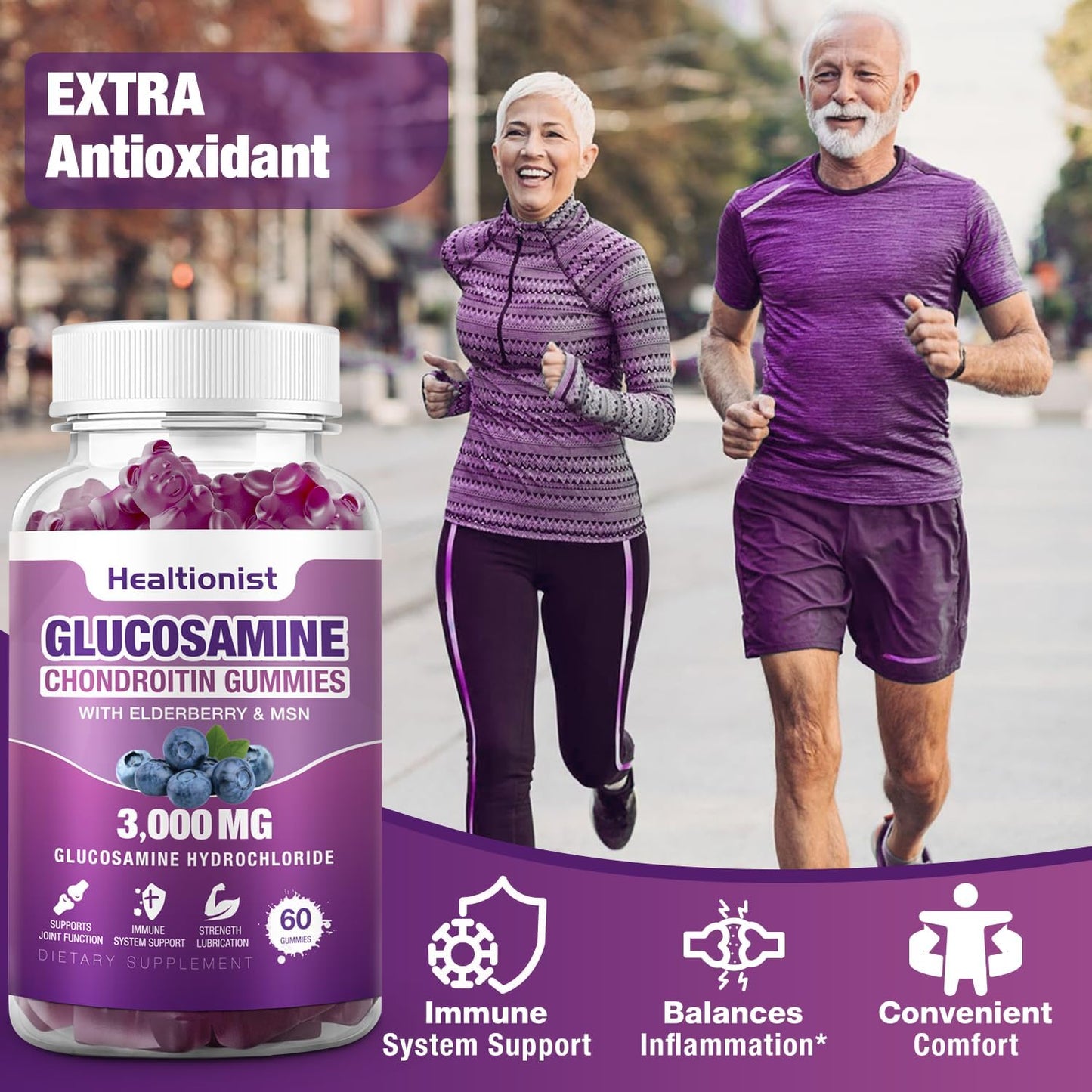 2 Packs 3000mg Glucosamine Chondroitin Gummies with MSM & Elderberry - Extra Strength Joint Health, Flexibility, Antioxidant Immune Support Supplement Gummy for Adults, Men & Women 120 Cts